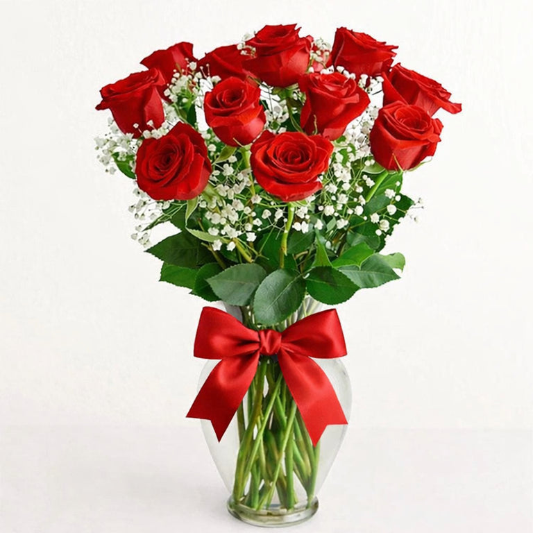 Classic Red Rose Vase- One Dozen