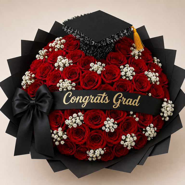 Cap & Roses — 50 Rose Grand Graduation Bouquet
