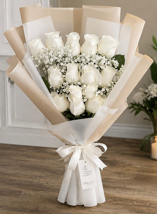 One Dozen White Rose Cascading Bouquet