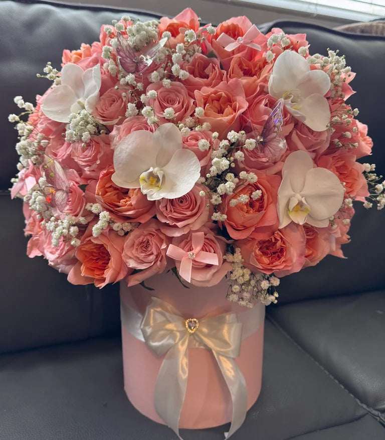 Coral Dream Box — 50 Rose & Orchid Luxury Arrangement