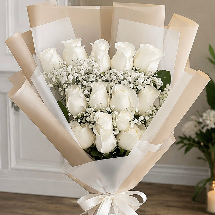 One Dozen White Rose Cascading Bouquet