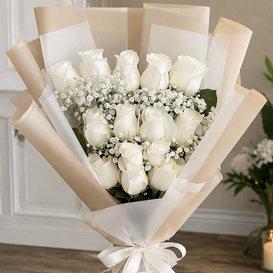 One Dozen White Rose Cascading Bouquet
