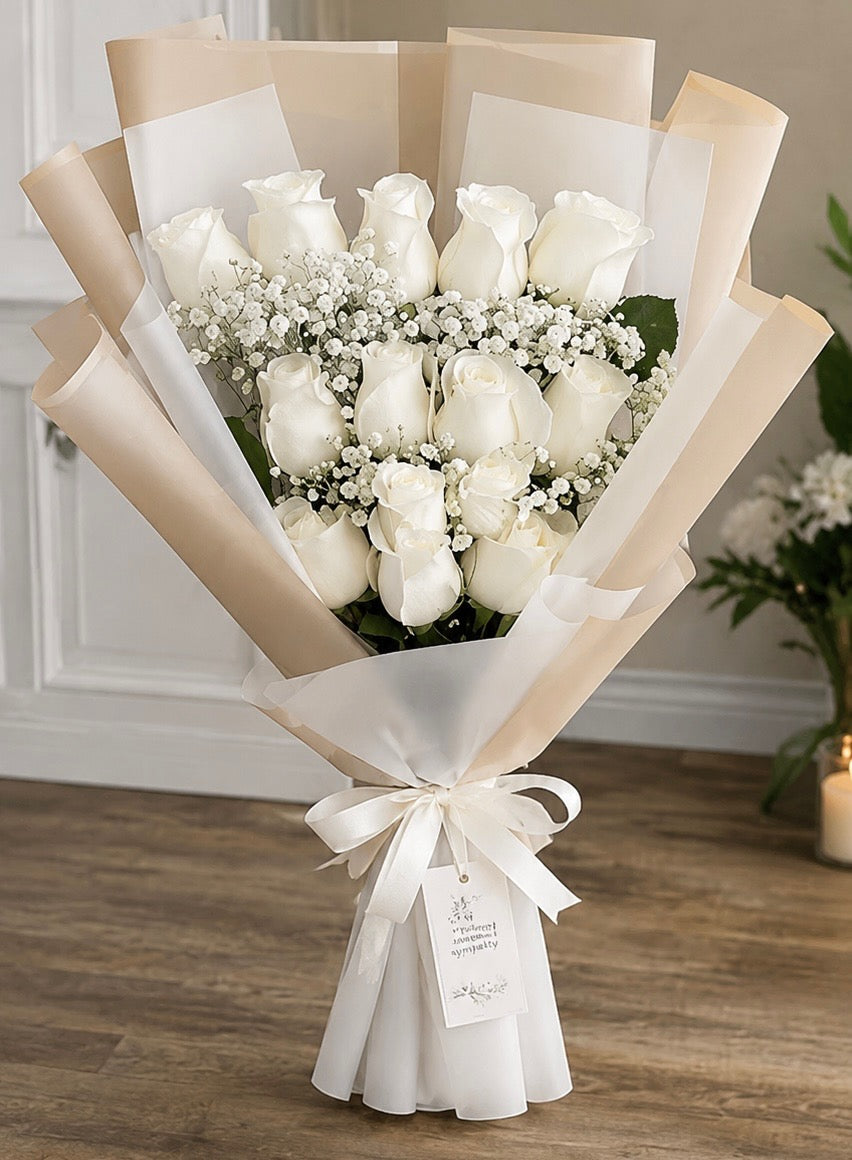 One Dozen White Rose Cascading Bouquet