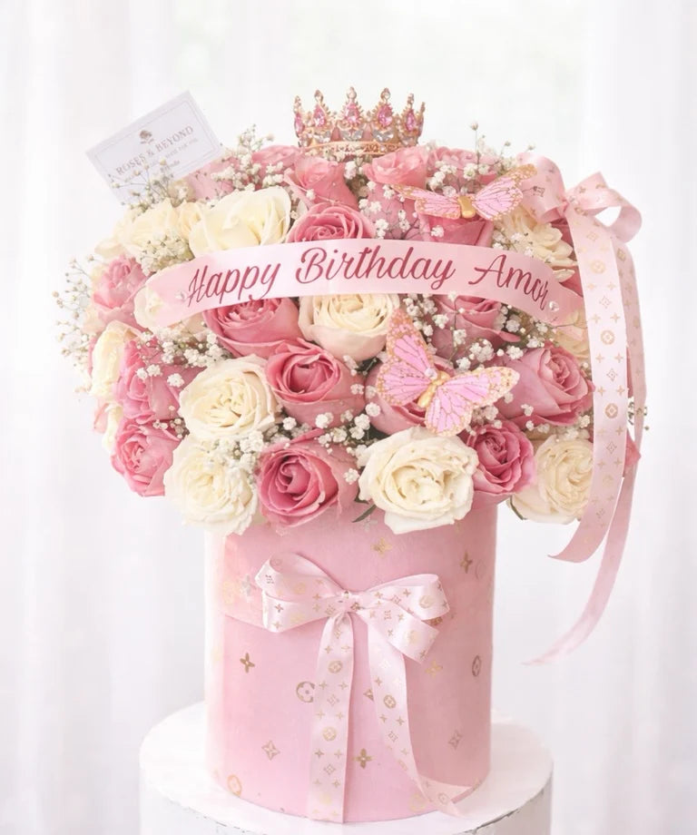 Queen's Rose Box — 50 Count Pink & White Luxury Arrangement