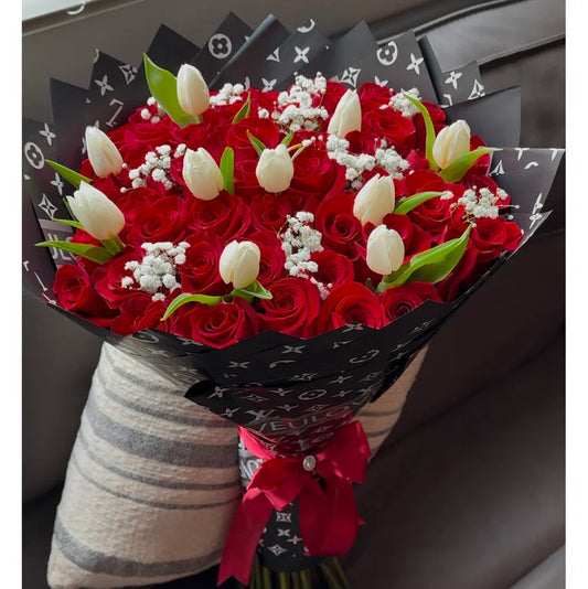 Rouge & Blanc — 50 Rose & Tulip Luxury Bouquet
