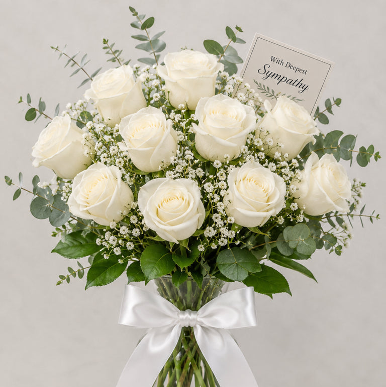 With Deepest Sympathy — White Rose Vase