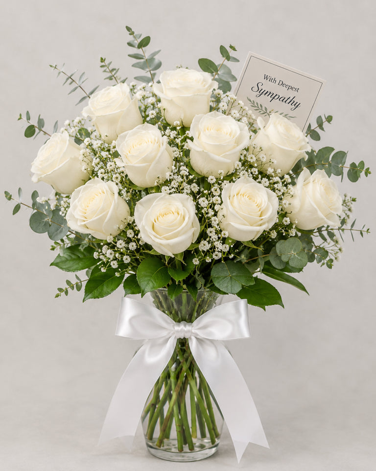 With Deepest Sympathy — White Rose Vase